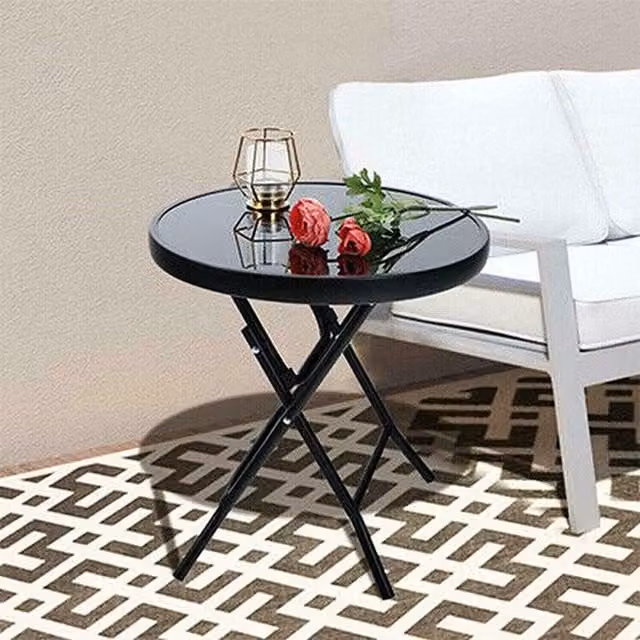 Garden Mile Modern Round Glass Side Table, Black, Diameter: 40 cm