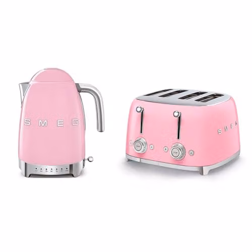 Smeg EEJB130 Jug Kettle with 7 Temperature Settings (1.7 l) and 4 Slice Toaster with Extra Wide Slots, Pink