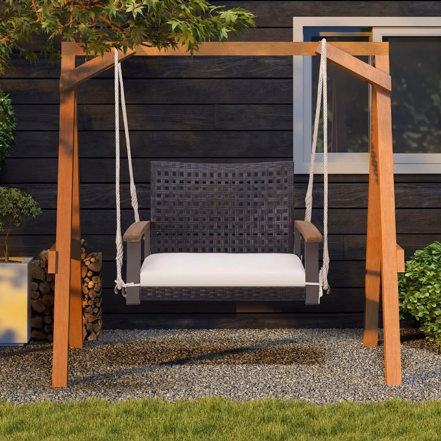 Costway Brown Rattan Single Hanging Porch Swing for Outdoor Garden and Terrace – 5
