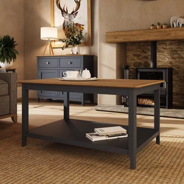 FWStyle Large Rectangular Coffee Table with Oak Veneer Top and Storage Shelf in Blue, W: 90 cm