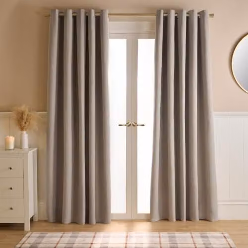 OHS Beige Blackout Eyelet Curtains, Thermal Insulating Woven Texture Pair, W: 116 cm, H: 137 cm