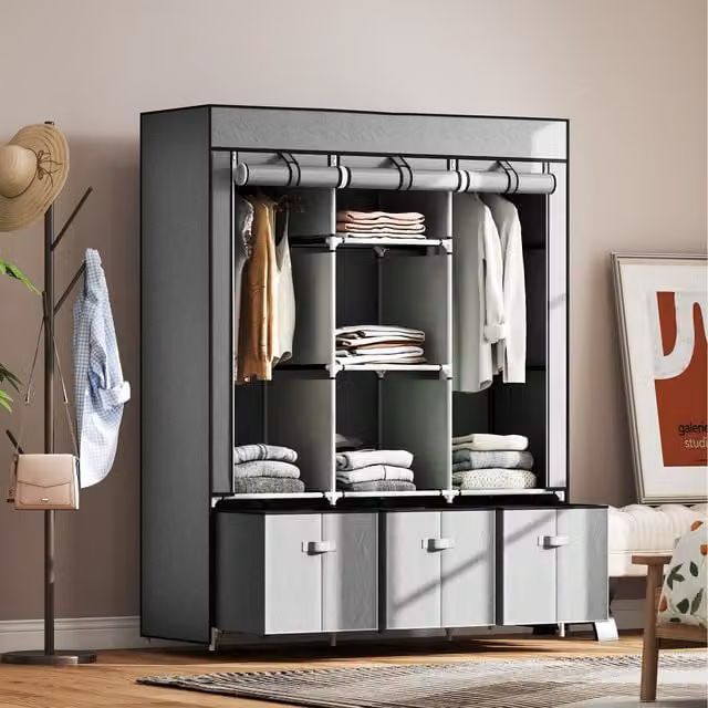 HOMCOM Fabric Wardrobe with Internal Shelves, Hanging Rod and Drawers, Grey