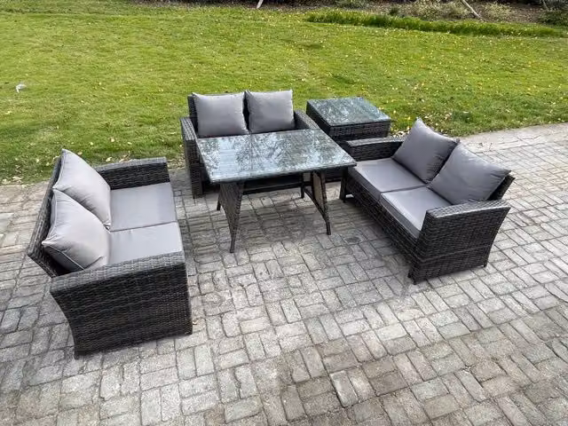 Fimous 6 Seater Rattan Wicker Garden Furniture Set with Rectangular Dining Table and Love Seat Sofa in Dark Grey