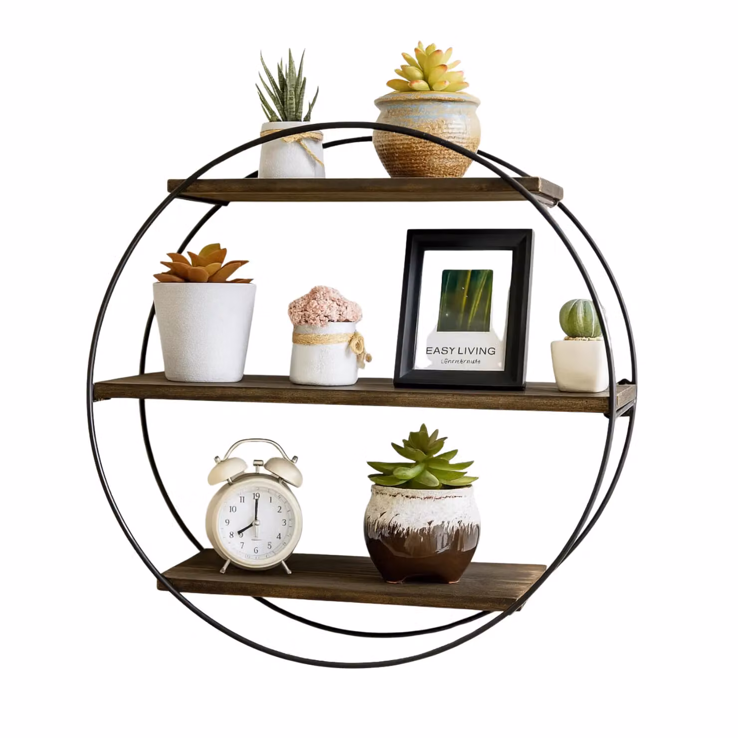 Rafaelo Mobilia Industrial 3 Tier Round Floating Wall Mounted Wooden Shelf in Brown and Black – 6