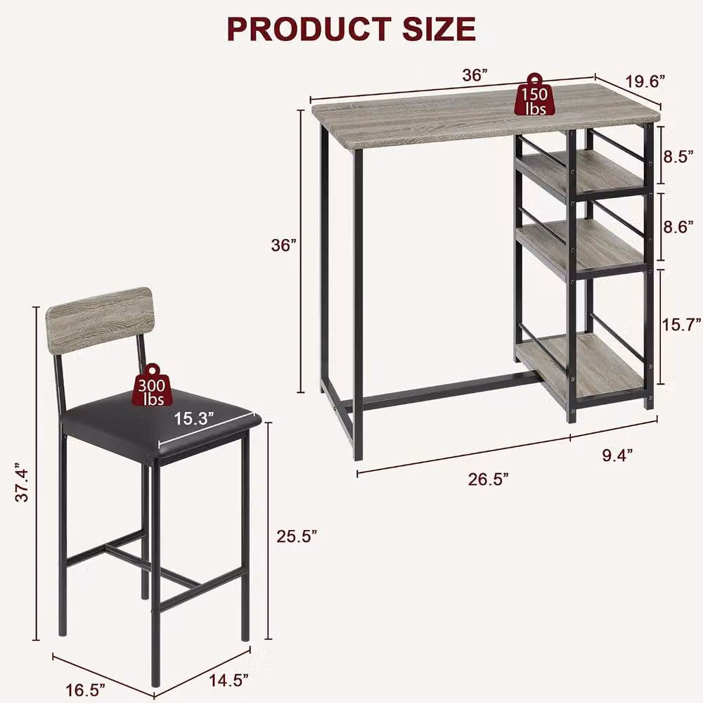 London Boutique 3-Piece Bar Height Dining Set with Table and 2 Chairs in Grey – 5