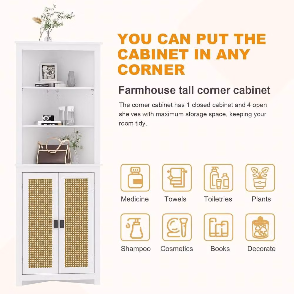 London Boutique White Rattan and Wood Corner Storage Cabinet with 2 Hinged Doors – 2