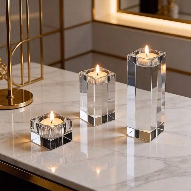 SPETLEK Set of 3 Modern Square Glass Pillar Candle Holders in Transparent