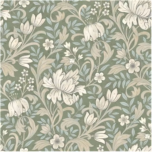 Grandeco Marian Art Nouveau Floral Botanical Wallpaper in Blue, Green and Beige