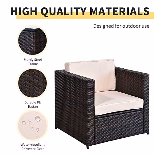 Outsunny 3 Piece Rattan Garden Furniture Set with Upholstered Cushions and Glass Top Coffee Table, Brown – 5