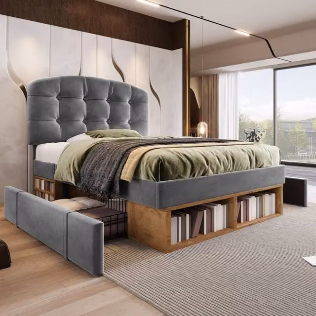 Matteo Grey Velvet Upholstered Single Bed with Storage and Adjustable Headboard, W: 90 cm x L: 190 cm