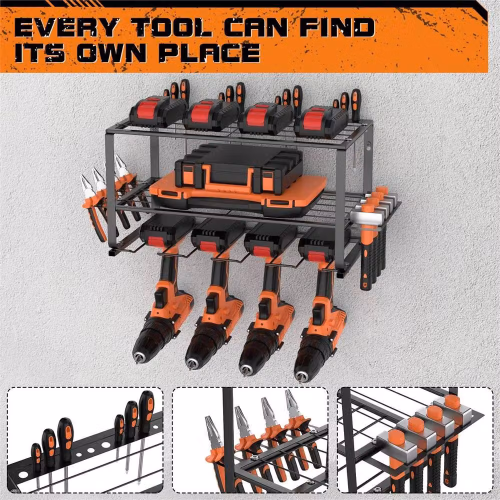 Nordara 3-Layer Metal Power Tool Organizer and Wall Mounted Storage Rack with 4 Drill Holders, Black – 4