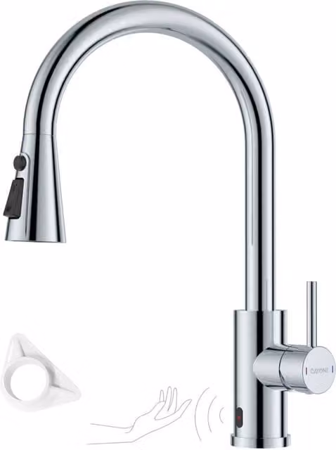 Dayone Chrome Infrared Sensor Touchless Kitchen Tap with 360 Swivel Spout and Spray Function in Silver