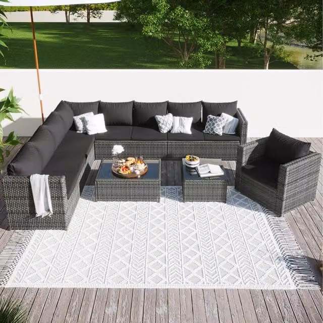 Home Touch Interior 9 Seater Modern Rattan Outdoor Garden Corner Sofa and Patio Dining Set in Grey