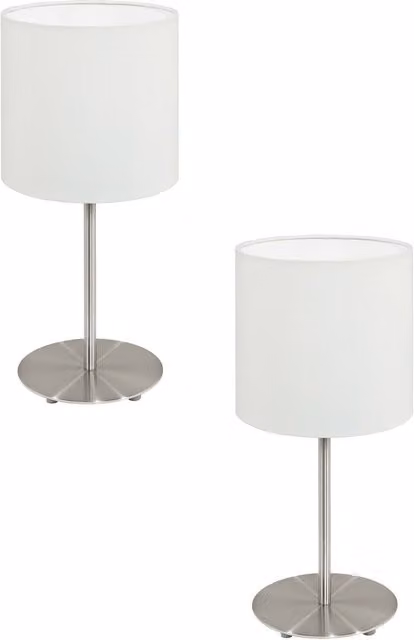 Loops 2 Pack Modern Table Desk Lamps in Silver Metal with White Fabric Cylinder Shades, E14 Base