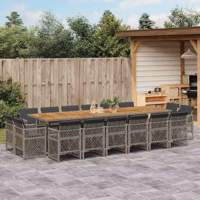 Berkfield Home 17 Piece Grey Poly Rattan Garden Dining Set with Acacia Wood Details