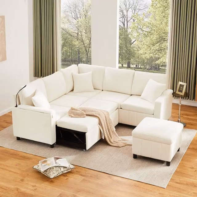BTM Reversible Chenille L-Shape Corner Sofa Bed with USB Charging and Matching Ottoman in Beige – 1
