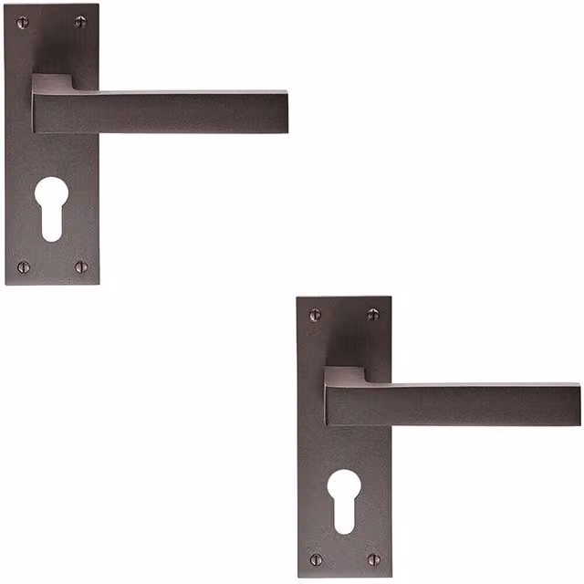 Loops 2x Pair Straight Square Handle on Euro Lock Backplate, Matt Bronze, W: 150 mm, H: 50 mm