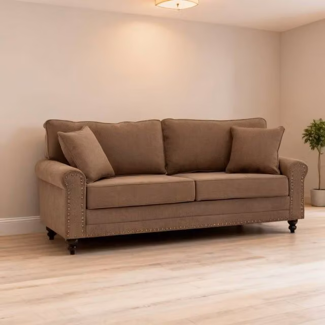 ERGOVEXA 3 Seater Fabric Sofa in Brown with 2 Scatter Cushions, W: 196 cm, H: 89 cm, D: 80.5 cm