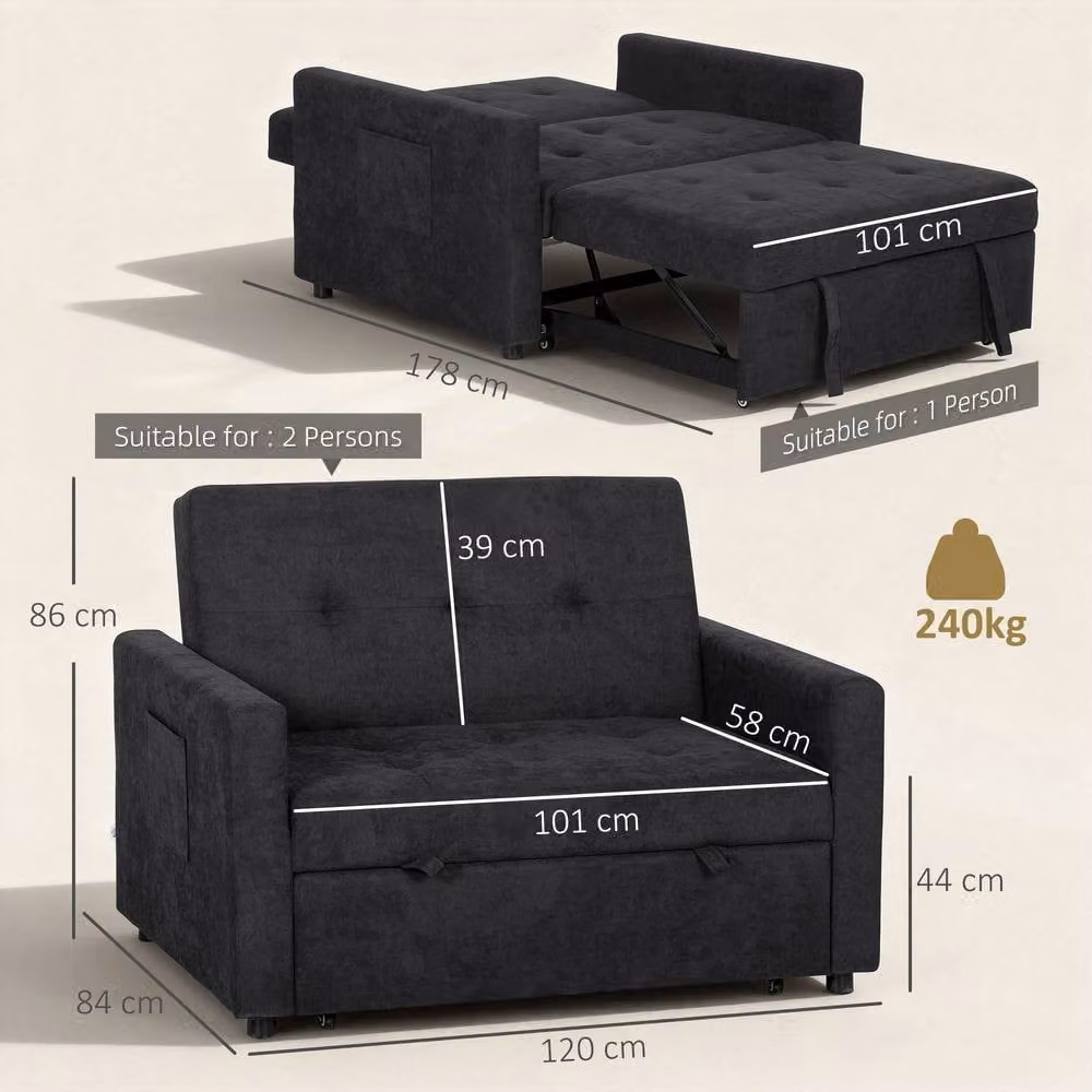 STILVORA Black Upholstered Loveseat Sofa Bed with Solid Wood Frame and Scatter Cushions – 4