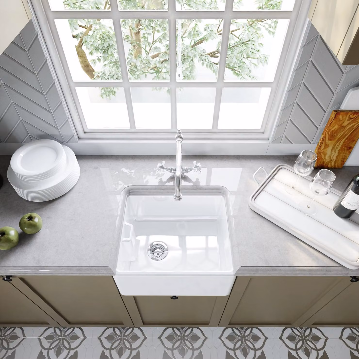 Balterley Belfast Ceramic Kitchen Sink Waste and Tap in White, 44.5 cm – 3