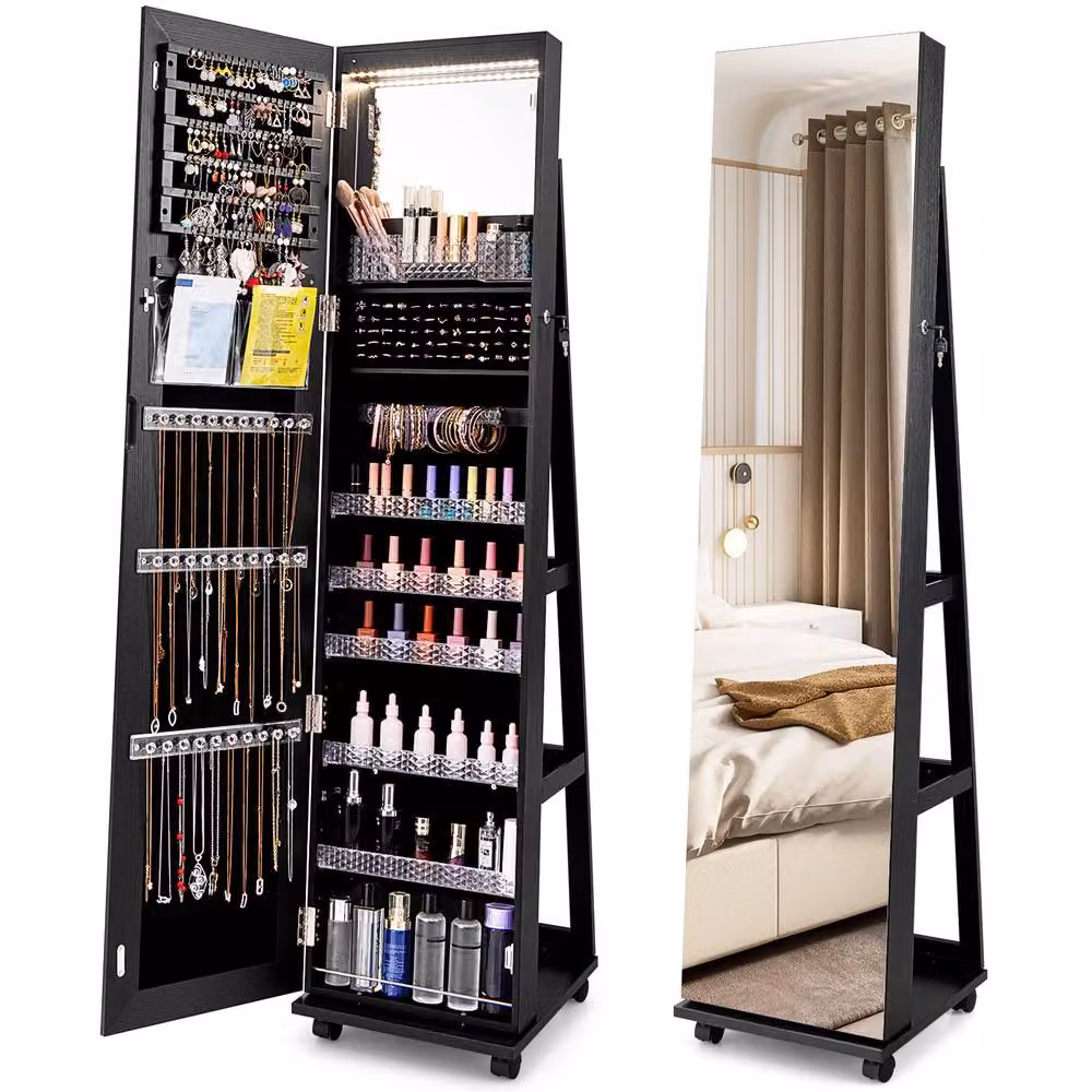 Costway 3-in-1 Black Jewelry Armoire with 360 Degree Swivel Mirror, LED Lighting and Lock – 3