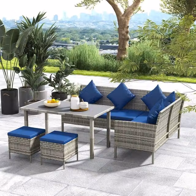 OUTSUNNY 5-Piece L-Shape Rattan Garden Dining Corner Sofa Set with Upholstered Cushions and Coffee Table in Blue – 1