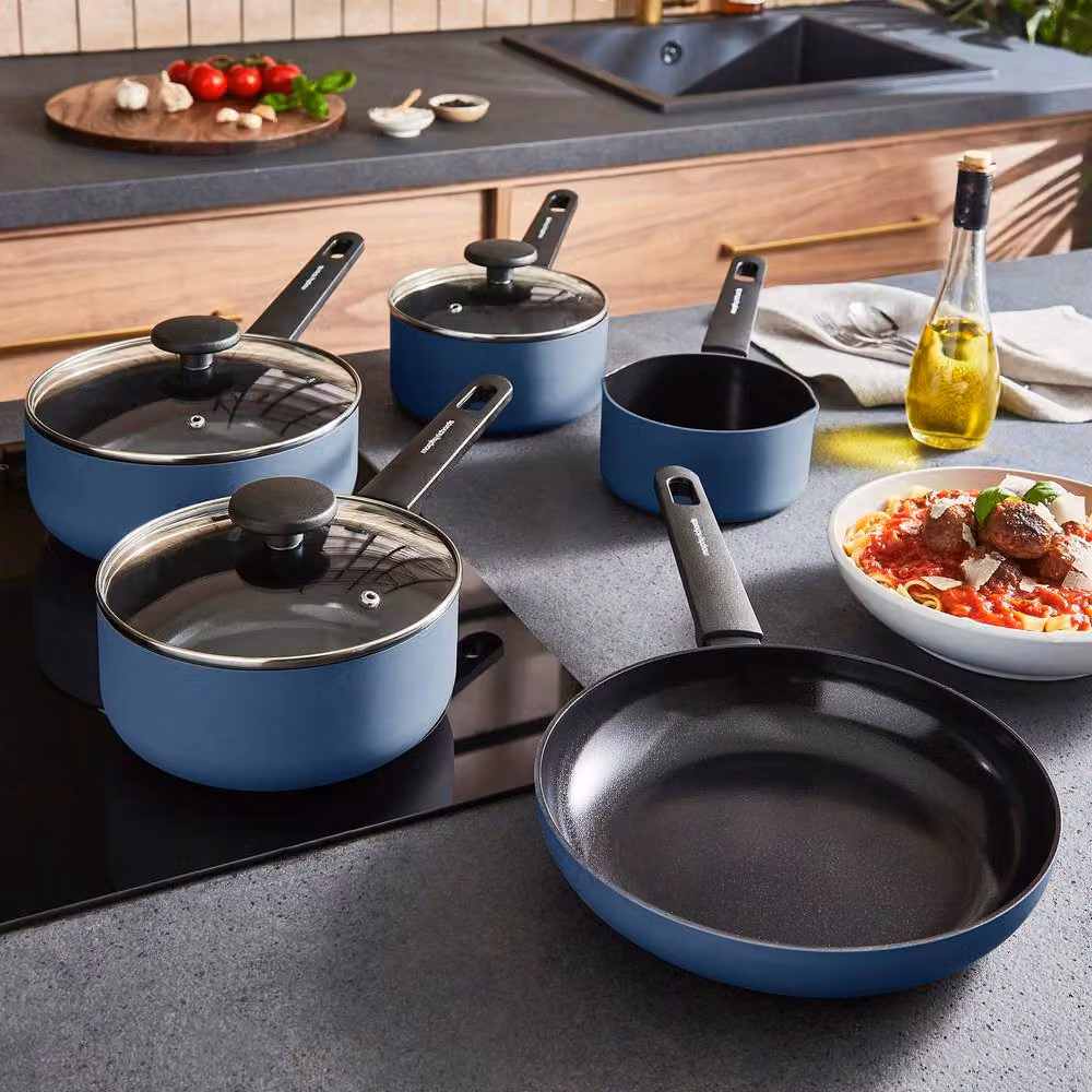 Morphy Richards 5 Piece Blue Aluminium Saucepan and Frying Pan Set with Ceramic Coating – 7