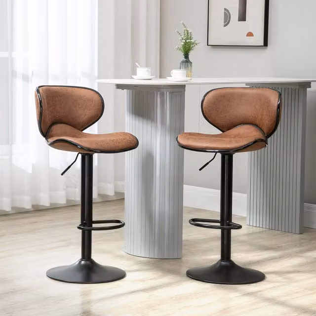 HOMCOM Set of 2 Modern Swivel Bar Stools in Brown Microfibre or Synthetic Leather with Adjustable Height and Metal Base – 1