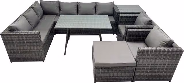 Fimous 9-Seater Outdoor Rattan Sofa Set in Anthracite Grey with U-Shape 3-Seater Sofa, Ottoman, Coffee Table and Removable Cushions – 1