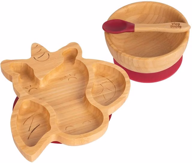 Tiny Dining Childrens Bamboo and Silicone Unicorn Suction Dinner Set in Red