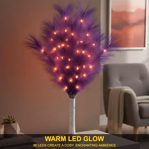 Shatchi 2-Piece Purple Feather Tree Table Lamp with Warm White LEDs, Height: 70 cm – 4