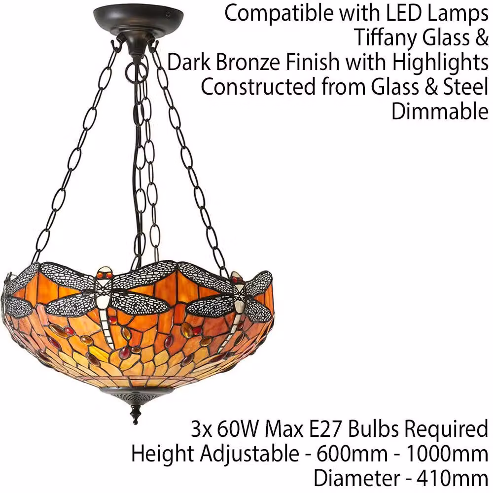 Loops Tiffany Glass Hanging Ceiling Pendant Light with Orange Dragonfly Design in Multicolour and Bronze – 2