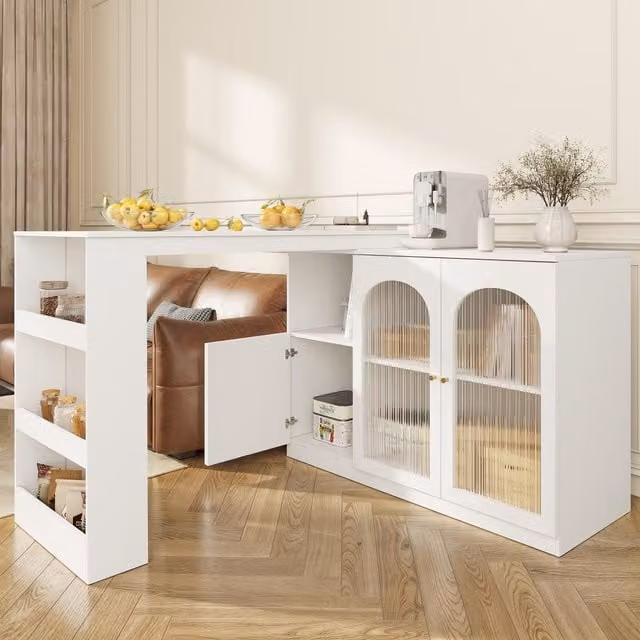 Aosom.UK White 360 Degree Rotating Corner Kitchen Bar Table with Glass Doors and Open Shelves, W: 120 cm, D: 120 cm, H: 97 cm