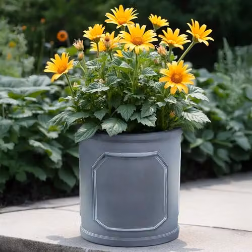 Set of 2 Idealist Chelsea Cylinder Planters in Grey, Round Outdoor Stone and Ceramic Flower Pots, 21l – 7