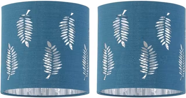 First Choice Lighting Set of 2 Fern Petrol and Silver Cut Out Round Fabric Table Lamp Shades, Diameter: 15.5 cm