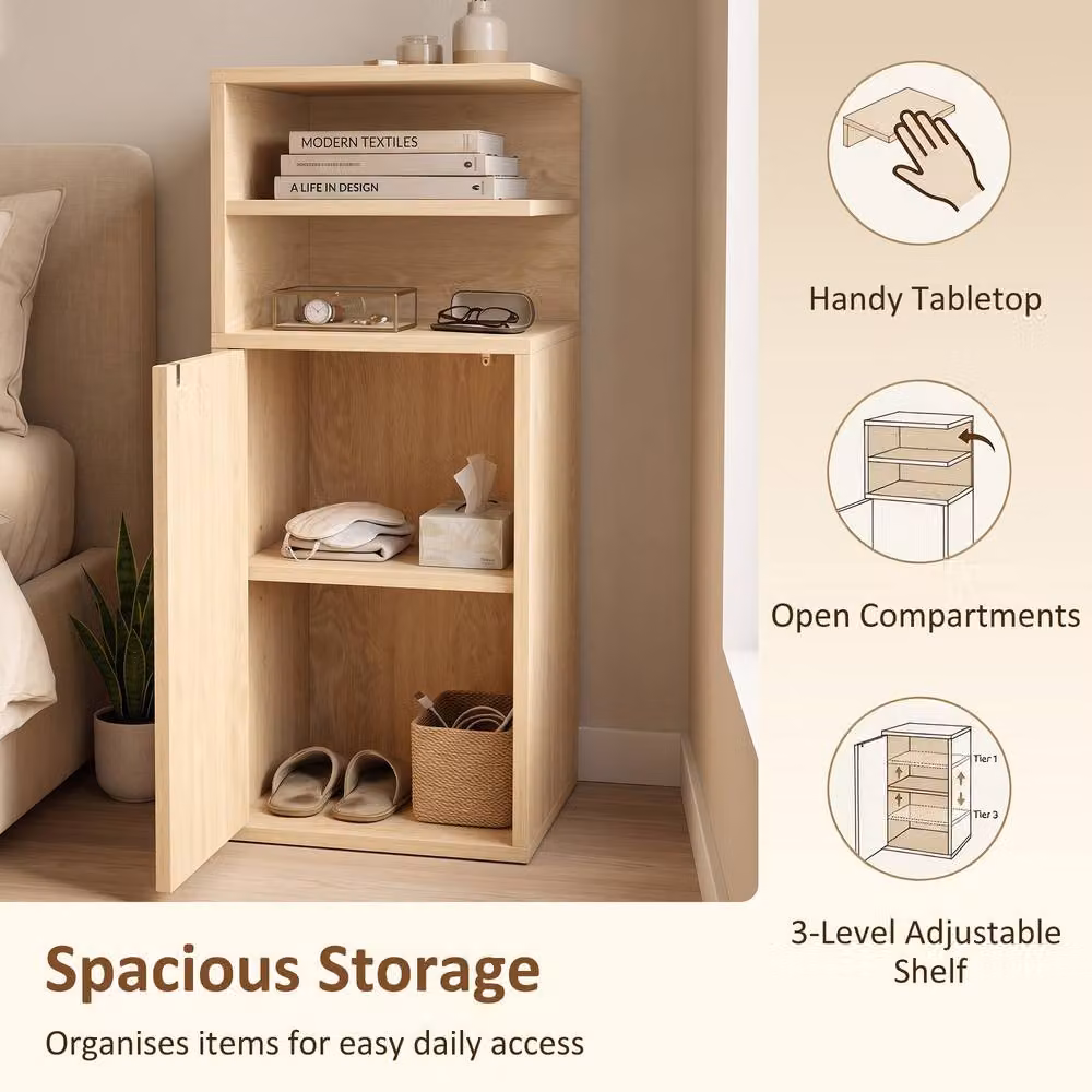 STILVORA Set of 2 Bedside Tables with Open Cubbies and Door in Light Oak – 4