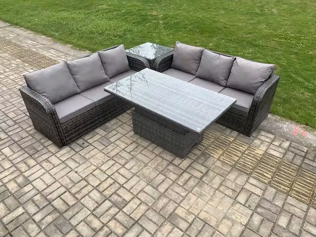 Fimous Outdoor Rattan Garden Furniture Lounge Sofa Set with Height Adjustable Dining Table in Dark Grey Mixed