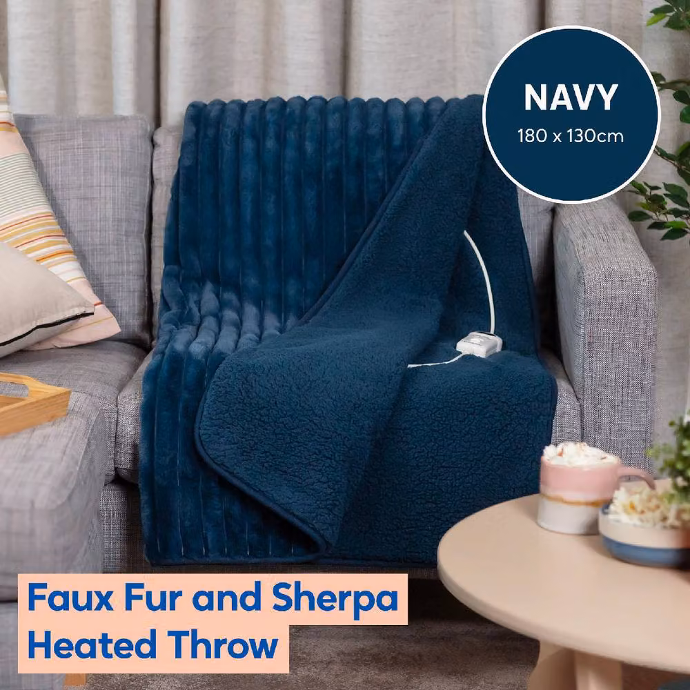 Russell Hobbs Navy Faux Fur and Sherpa Electric Heated Throw RHHT1005, W: 180 cm, D: 130 cm – 3