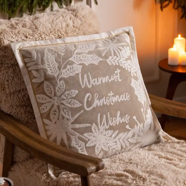 Paoletti Winter Warmest Wishes Embroidered Polyester Filled Square Cushion in Beige and Multicolour, W/D/H: 50 x 50 x 50 cm – 2