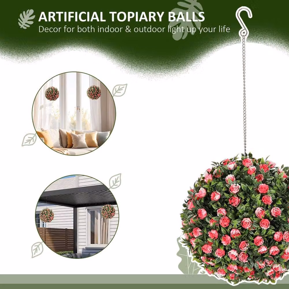 Kelvenix Set of 2 Pink Artificial Rose Ball Topiary Hanging Plants – 2