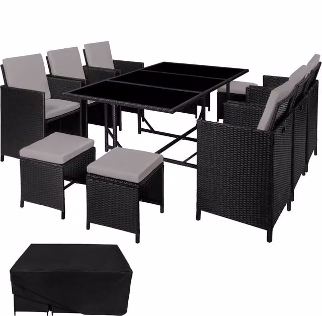 tectake Malaga 641 Modern Rattan Garden Furniture Set with Glass Top and Protective Cover in Grey and Black