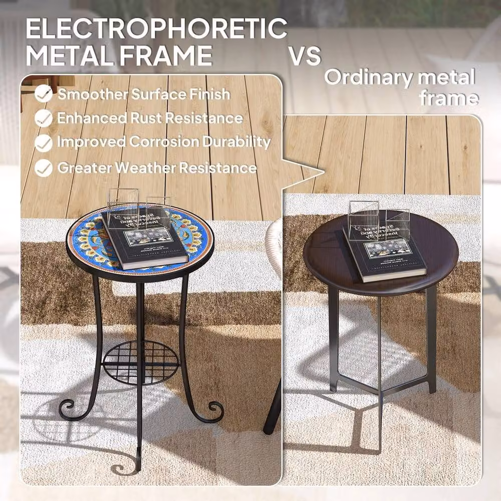 EONLION Round Mosaic Ceramic Garden Side Table in Blue, Diameter: 100 cm – 3