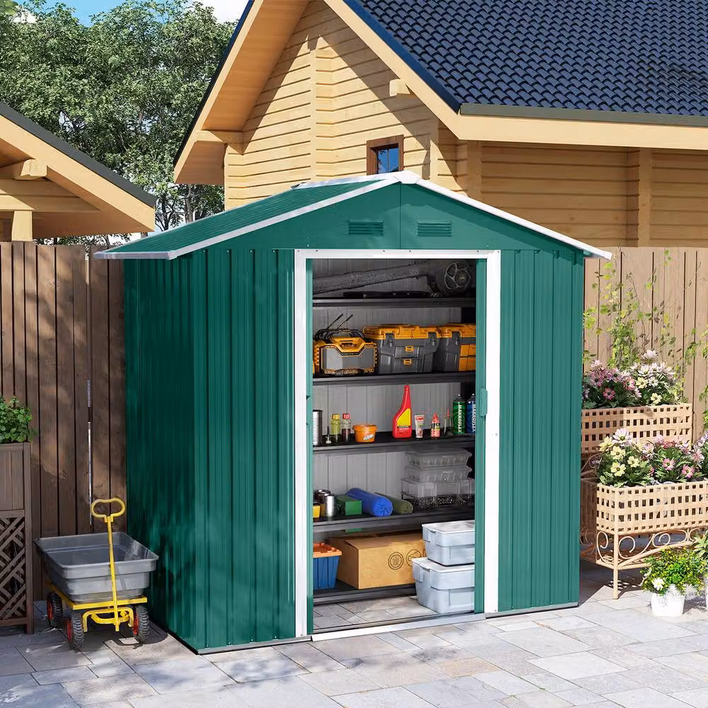 Rolipo Metal Garden Shed with Sliding Doors and Vents, Green, W/D/H: 198.12 x 106.68 x 106.68 cm – 2