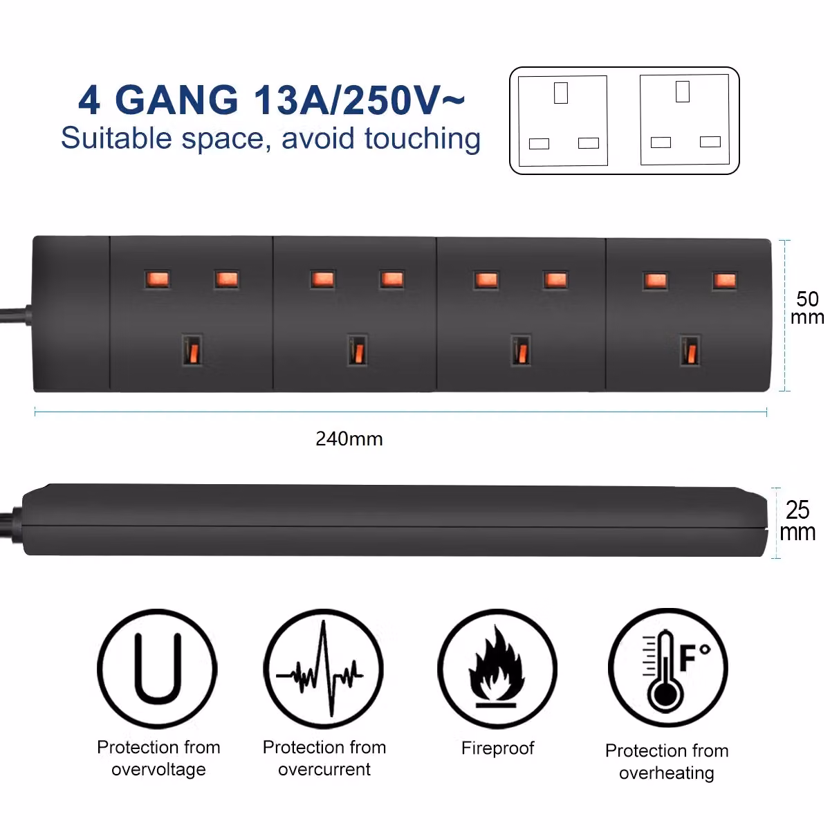 ExtraStar 4 Way UK Extension Lead, Black, 1m – 2