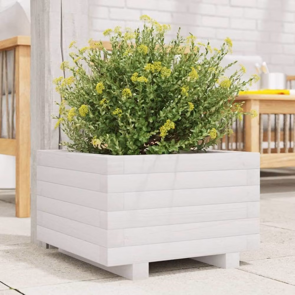 Berkfield Home White Solid Wood Pine Garden Planter Tub W: 40 cm, D: 40 cm, H: 26.5 cm – 2