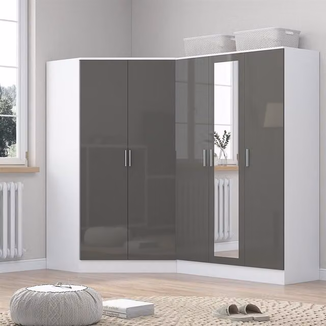 REFLECT 2 Piece Wardrobe Bundle with Corner and 3 Door Mirror in Grey Gloss and Matt White, H: 180 cm x W: 215 cm x D: 103 cm