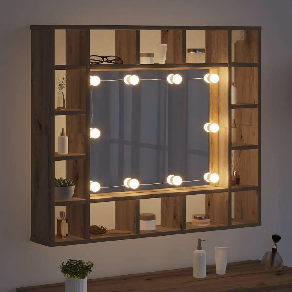 Berkfield Home Artisan Oak Mirror Cabinet in Brown with LED Lighting, W: 76.5 cm, H: 76.5 cm, D: 15 cm – 3
