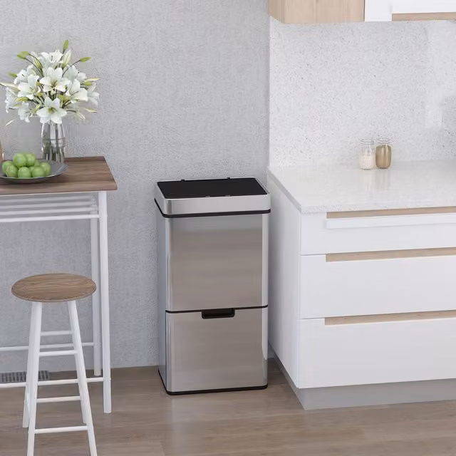 HOMCOM 72L Stainless Steel Motion Sensor Rubbish Bin with 3 Compartments in Silver – 2