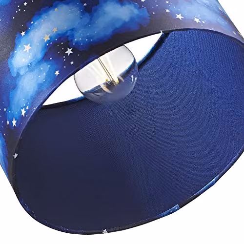 Happy Homewares Modern Round Fabric Childrens Drum Lamp Shade in Navy Blue with Gold Stars and White Clouds, Diameter: 25 cm – 3