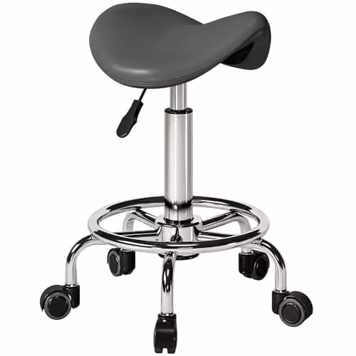 HOMCOM Grey PU Leather Adjustable Rolling Saddle Stool for Spa and Salon – 1